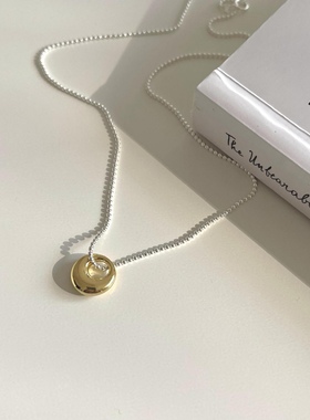 日韩通体纯银几何圆圈金银拼色圆珠项链镂空甜美锁骨链毛衣链银饰