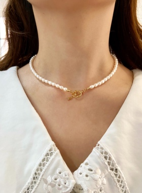 全新法式小米粒珍珠镀金项链复古质感合金保色OT扣项链锁骨链手链
