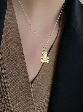 韩国925纯银小熊印花项链可爱动物时尚老花锁骨链撞色亮银毛衣链