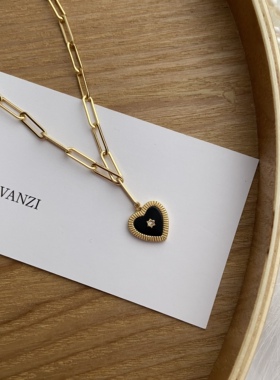 日韩黑金玛瑙爱心锆石925纯银镀金项链复古毛衣链设计感锁骨链