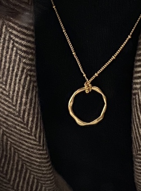 日韩小众不规则圆形吊坠项链镀金18K金合金毛衣链叠戴锁骨链挂链
