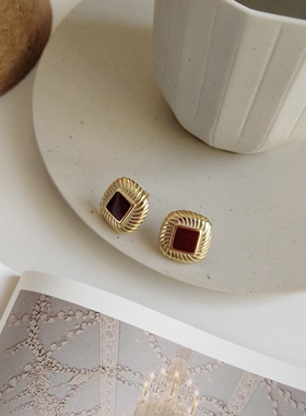 日韩纯银中古风红色金色撞色耳环女复古风滴胶金色耳钉银饰