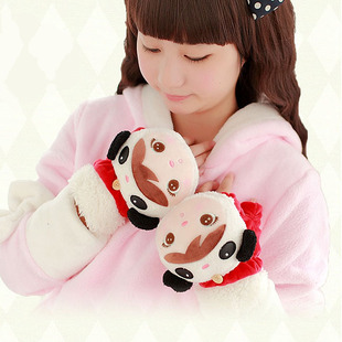 新年生日圣诞节礼物简单熊卡通两用翻盖保暖毛绒可爱手套女萌