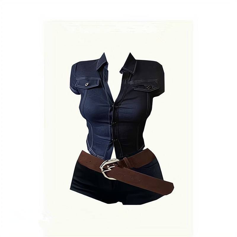 原创美式复古辣妹牛仔色衬衣超短辣裤制服套装巨显身材三件套