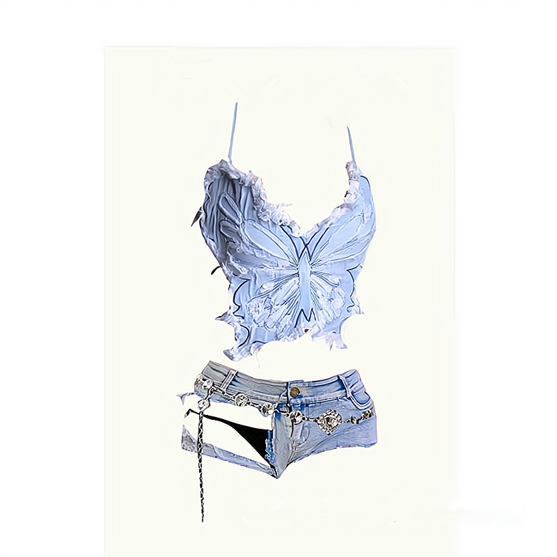 原创 法式辣妹音乐节绑带蝴蝶牛仔吊带女dj酒吧性感跳舞套装