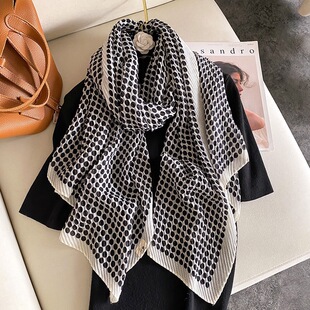秋冬棉麻围巾波点女士褶皱韩版学生保暖围脖外搭春秋披肩两用长款