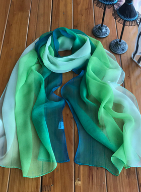 乔其纱纱巾绿色渐变色女士时尚百搭长款丝巾女披肩春夏季防晒围巾