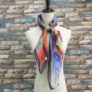 轻奢复古油画绿色乔其纱85大方巾围巾女春夏秋时尚百搭装饰领巾潮