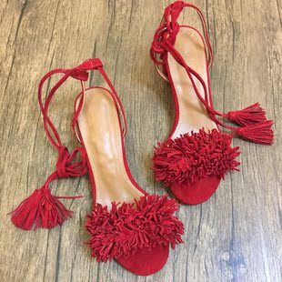 韩国女鞋正品夏款翻毛皮羊皮波西米亚流苏系带绑带粗跟中跟凉鞋女