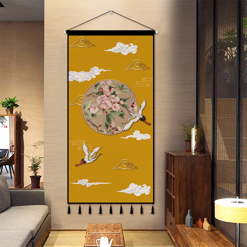 中式墙布挂布仙鹤图装饰画现代轻奢风客厅玄关布艺挂画挂毯背景布图片