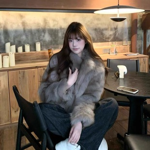 冬新款 皮毛一体狐狸毛外套女双色晕染环保皮草立领毛毛大衣年轻款