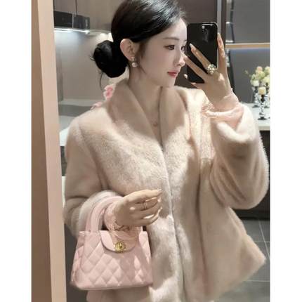 2024新款粉色环保水貂毛毛绒外套女皮毛一体短款气质富家千金皮草