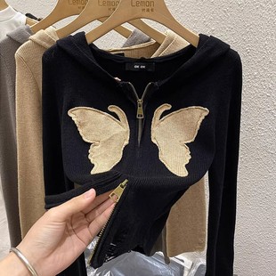 内搭设计感小众蝴蝶结毛衣开衫 修身 上衣 女冬季 撞色连帽针织打底衫