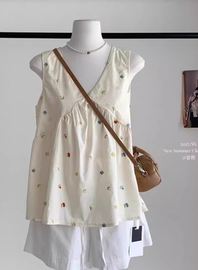 蓝色波点V领宽松娃娃背心女夏季法式刺绣小清新外穿休闲无袖上衣