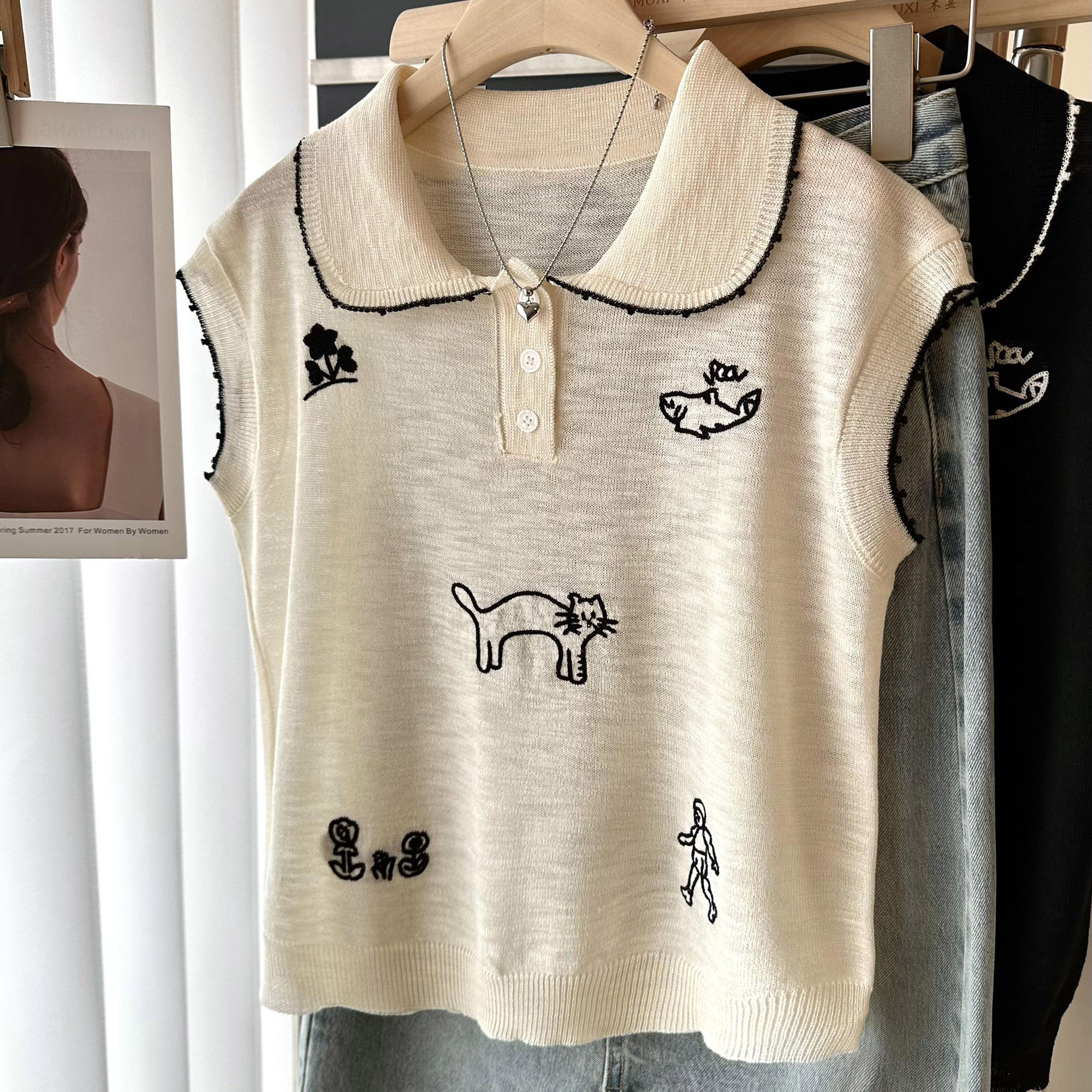 刺绣翻领小飞袖背心女POLO衫针织