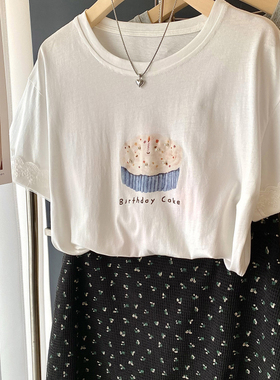 灰色蕾丝拼接短袖t恤女夏季圆领白色宽松百搭高级感印花正肩上衣