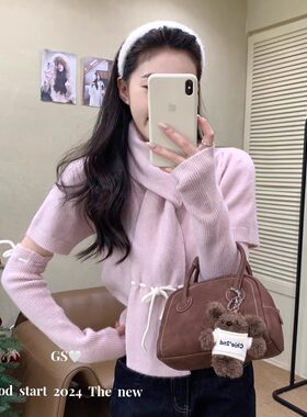 红色泡泡袖毛衣女短款袖套针织衫