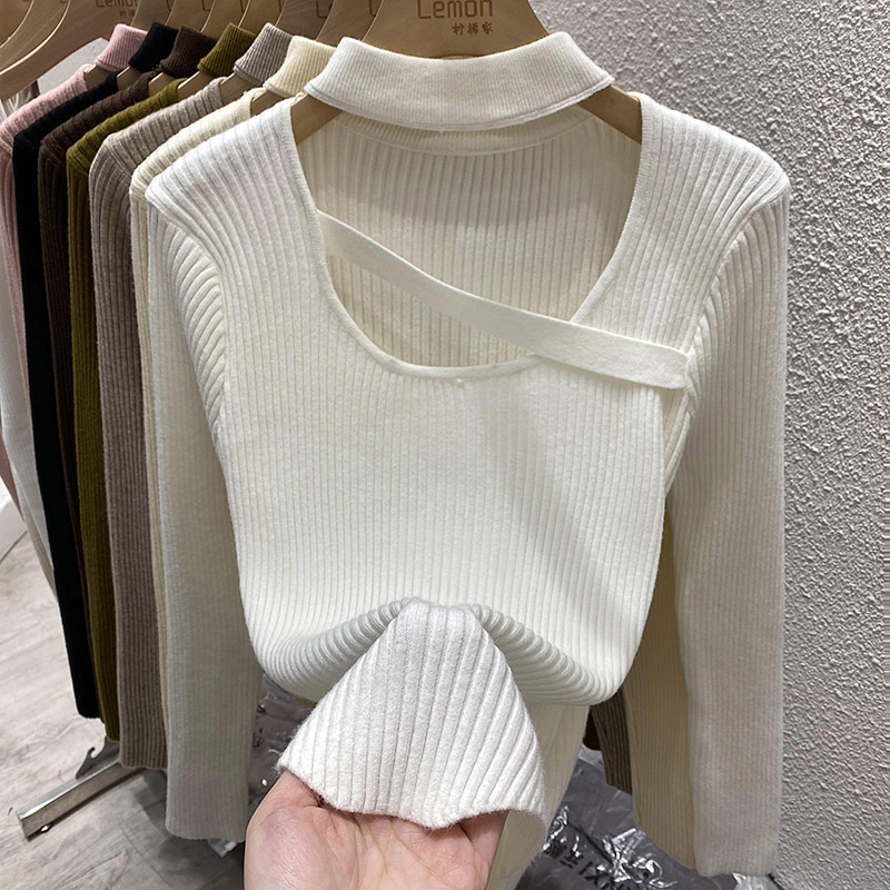 针织打底衫女秋冬内搭挂脖上衣