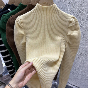 毛衣女2022新款条纹复古泡泡袖冬季内搭洋气修身半高领打底针织衫