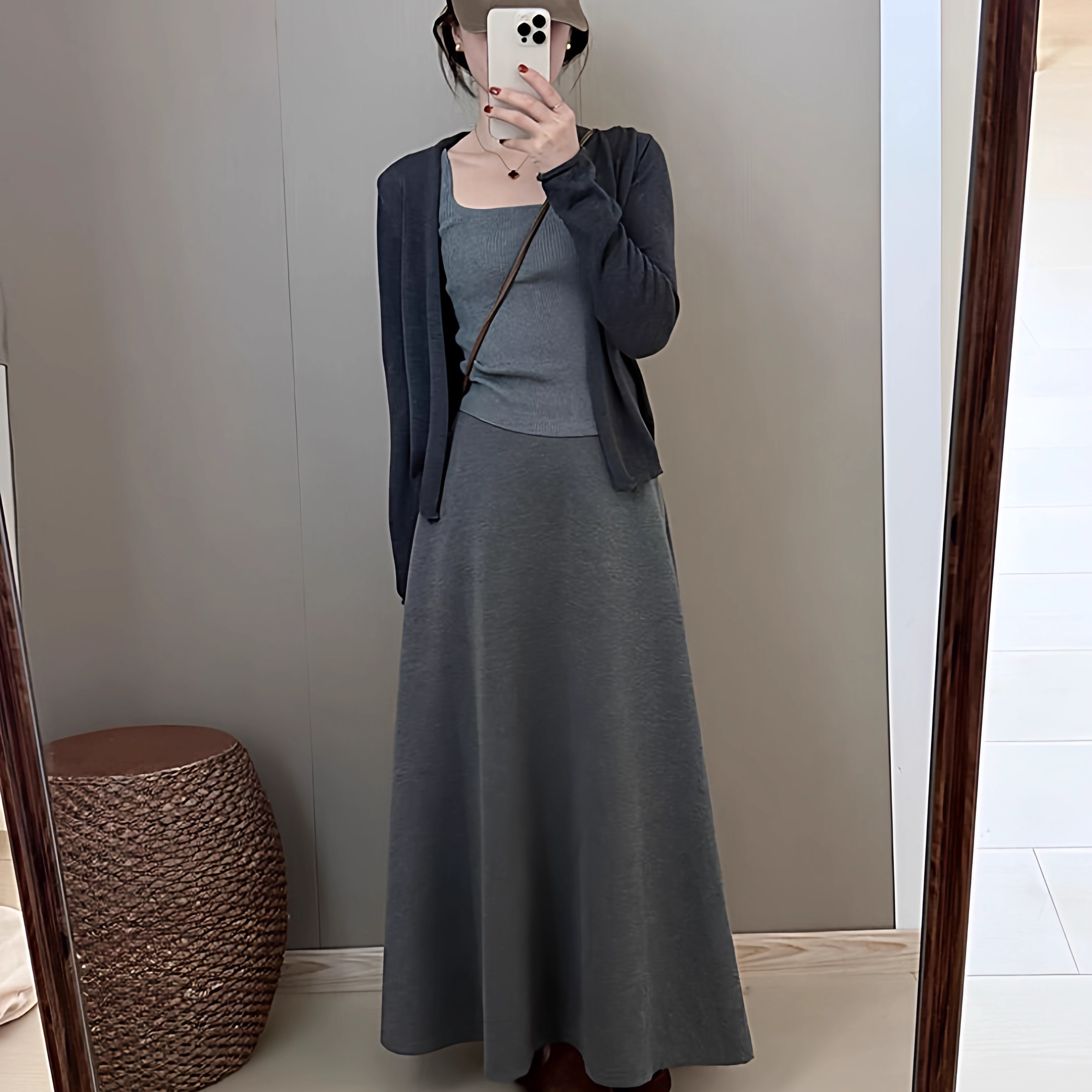 松弛感披肩针织开衫女背心半身裙