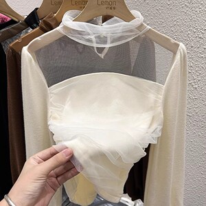 2023秋冬长袖法式内搭上衣女加厚设计感小众高领修身网纱打底衫女