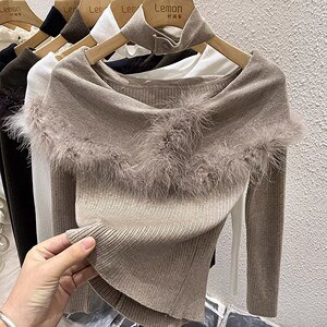 翻领露肩毛衣女秋冬修身内搭打底衫设计感小众一字毛毛领针织上衣