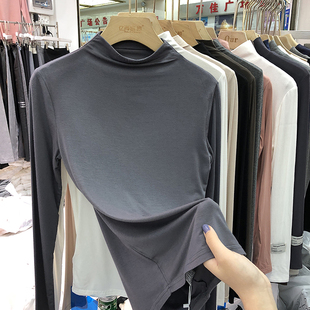 莫代尔打底衫女内搭洋气长袖T恤百搭半高领修身薄款内衬白色上衣