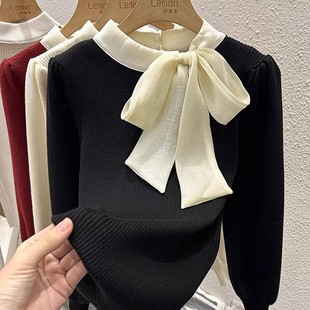 2024秋季红色灯笼袖针织衫女修身设计感小众蝴蝶结打底衫毛衣上衣