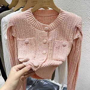 2023秋冬泡泡袖圆领毛衣女修身打底衫开衫高腰短款针织小香风上衣
