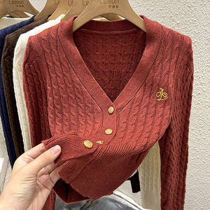 2023秋冬小香风开衫毛衣外套女设计感小众复古V领麻花针织衫上衣