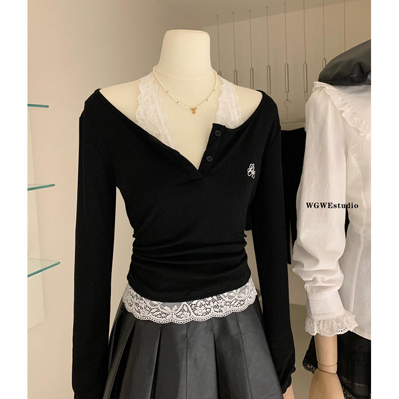 黑色蕾丝挂脖打底衫女设计感