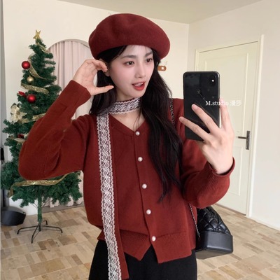 V领法式蕾丝飘带毛衣女打底开衫