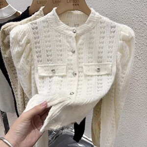 2023秋冬泡泡袖磨毛衬衫女半高领蕾丝打底衫设计感小众小香风上衣