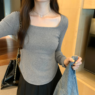 高级感上衣 百搭螺纹打底衫 方领长袖 T恤女内搭秋冬设计感小众修身