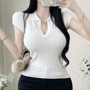 女内搭早春设计感小众打底衫 针织衫 T恤上衣 百搭短袖 翻领辣妹修身