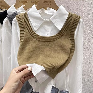 2023复古短款针织背心马甲女秋季洋气时尚白色学院风衬衫长袖上衣