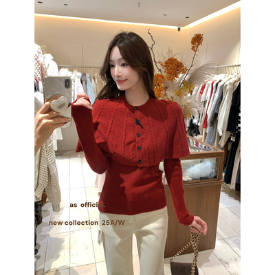 红色法式披肩斗篷内搭针织毛衣女