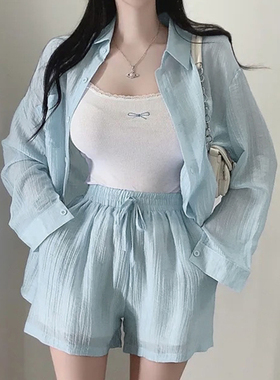 白色气质休闲防晒长袖雪纺衬衫女早春薄款洋气减龄宽松短裤两件套