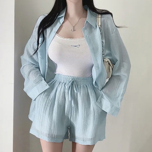 洋气减龄宽松短裤 女早春薄款 两件套 雪纺衬衫 白色气质休闲防晒长袖