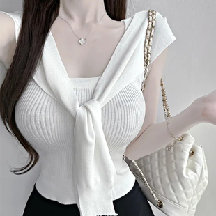打底内搭法式 修身 气质披肩针织上衣 性感吊带背心女春季 纯欲风短款
