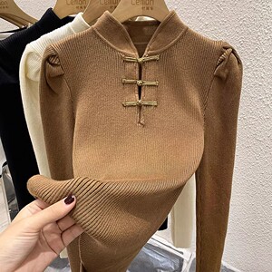 2023秋冬泡泡袖针织打底衫女加厚内搭设计感小众法式毛衣修身上衣