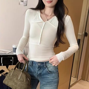 短款 T恤女早秋洋气修身 内搭百搭气质上衣 内搭白色打底衫 翻领长袖