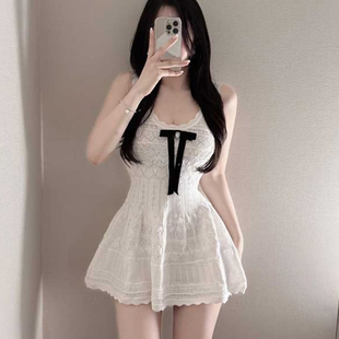 法式 纯欲镂空a字裙子 轻奢高级感气质蝴蝶结针织背心连衣裙女春季