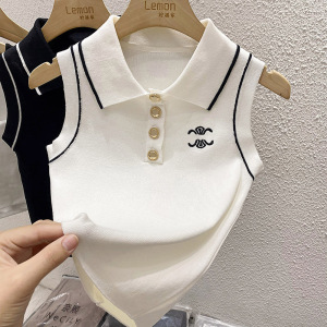 2023法式小香风polo领无袖背心女夏季设计感小众短款外穿针织上衣