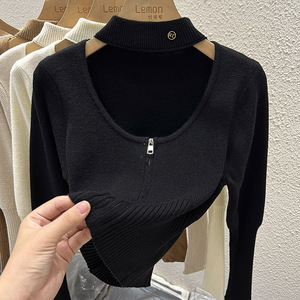 2023秋冬高腰短款针织衫上衣女设计感小众挂脖内搭毛衣镂空打底衫