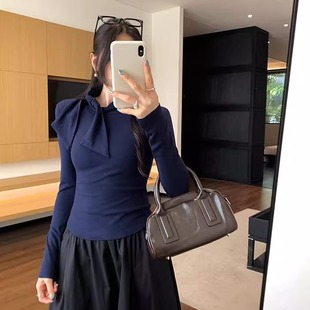 半高领蝴蝶结系带打底衫 T恤内搭设计感小众高级感上衣 女秋冬长袖