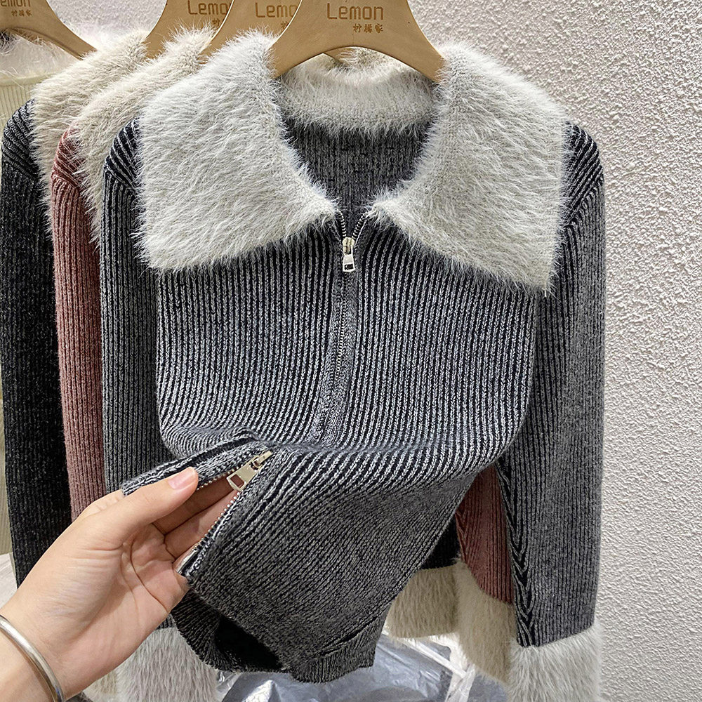 2023秋冬polo领针织开衫女设计感小众拉链毛衣打底衫修身内搭上衣,女装/女士精品,时尚防晒服,淘宝优惠券,粉丝福利购,淘宝优惠卷