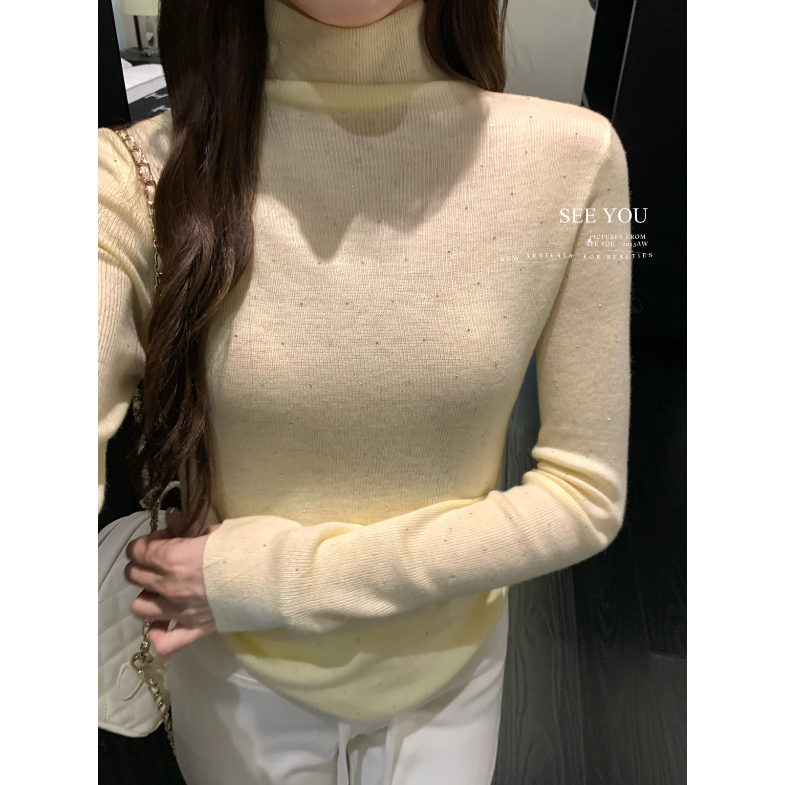 法式气质烫钻堆堆领打底针织衫女