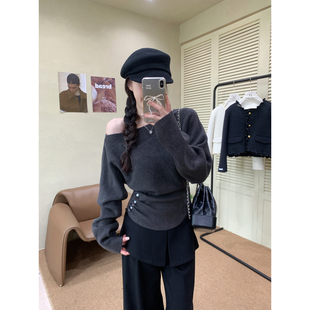 2025秋冬黑色打底衫 内搭设计感小众一字肩毛衣上衣 女洋气针织修身