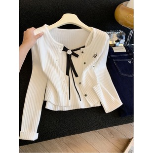 女早春小香风气质两件套长袖 法式 针织开衫 吊带短款 上衣 蝴蝶结修身